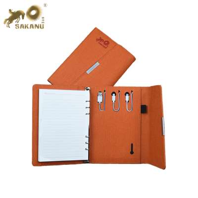 pu leather business diary three folding journal notebook with powerbank portable batten charger