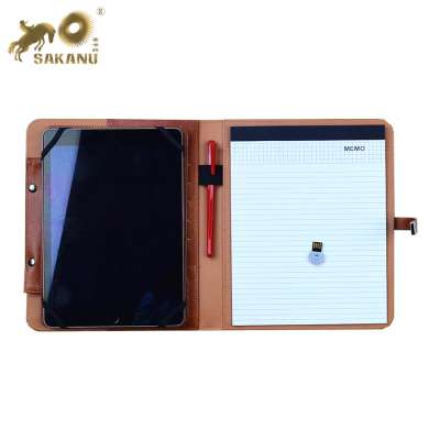 chargeable leather tablet portfolio for businessman with battery charger or power bank and USB flash driver